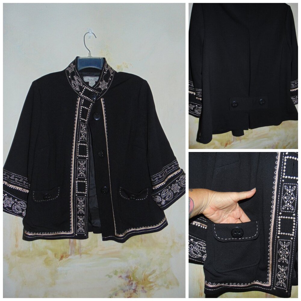 Birch Hill Boho Black Cream Embroidered Blazer Jacket Shacket Button Front Women